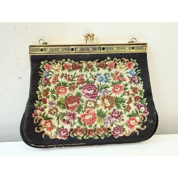 Vintage Petit Point Floral Purse on Black – Gold Frame, Handbag Clutch - Picture 3 of 10